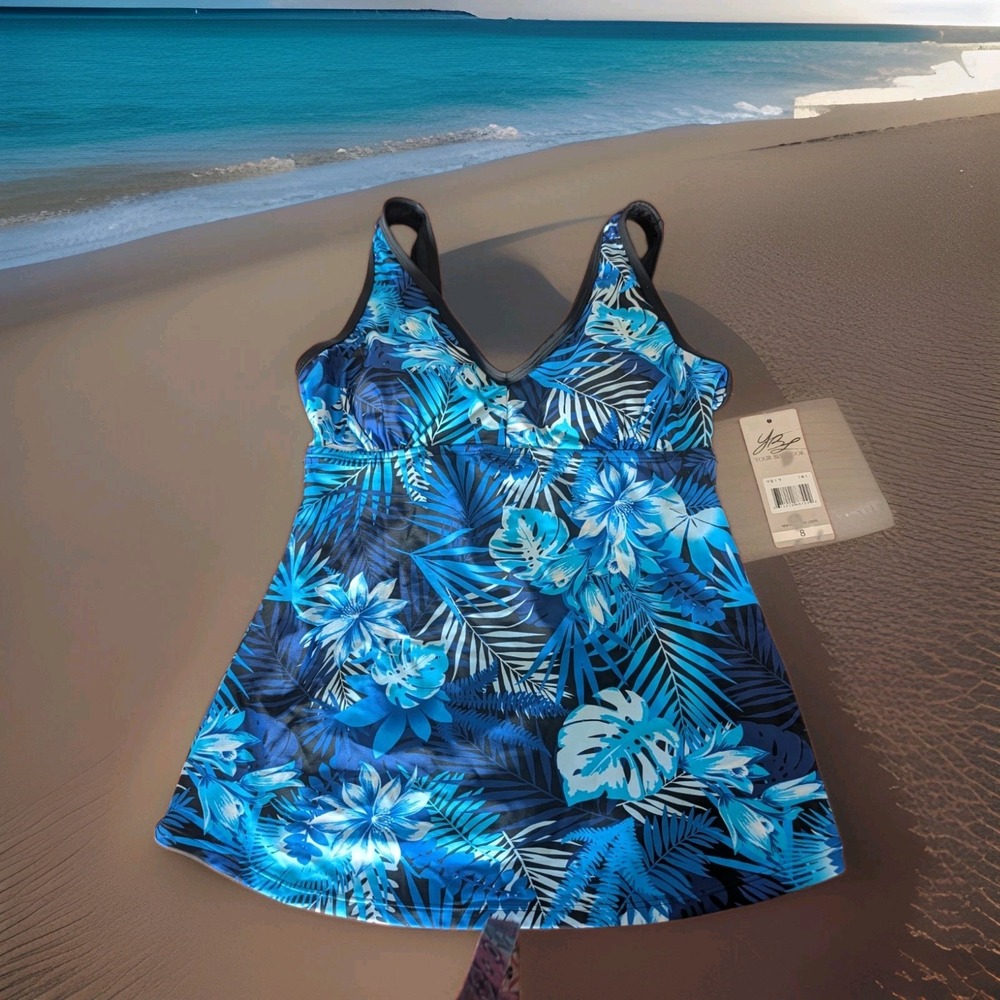 YBL Your Best Look Tankini Top Swimsuit Womens Size 8 Blue Palm Built In Bra NWT